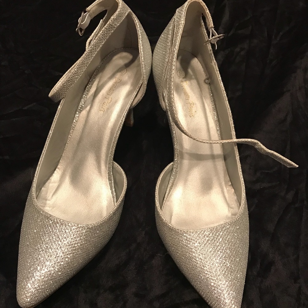 Silver Low Heel Pump with Ankle Strap